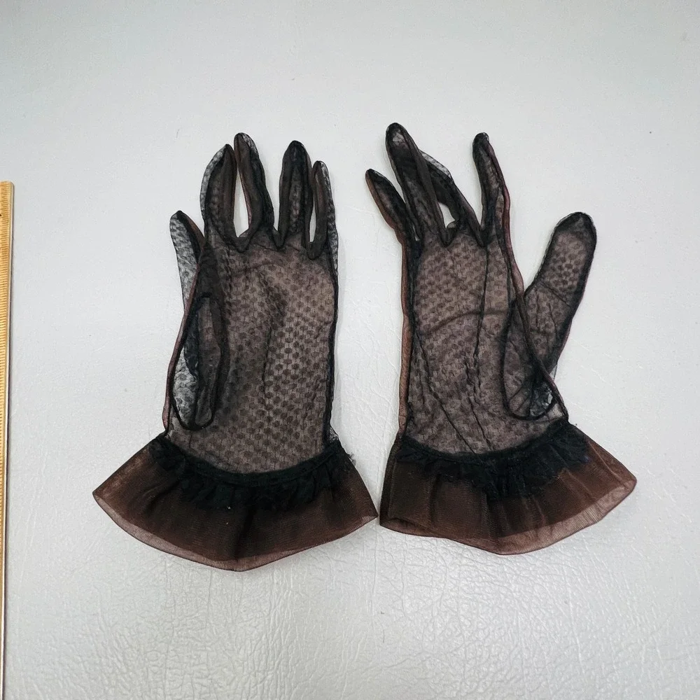 Vintage Womens Brown Sheer Mesh Polka Dot Ruffle Cuff Formal Dress Gloves